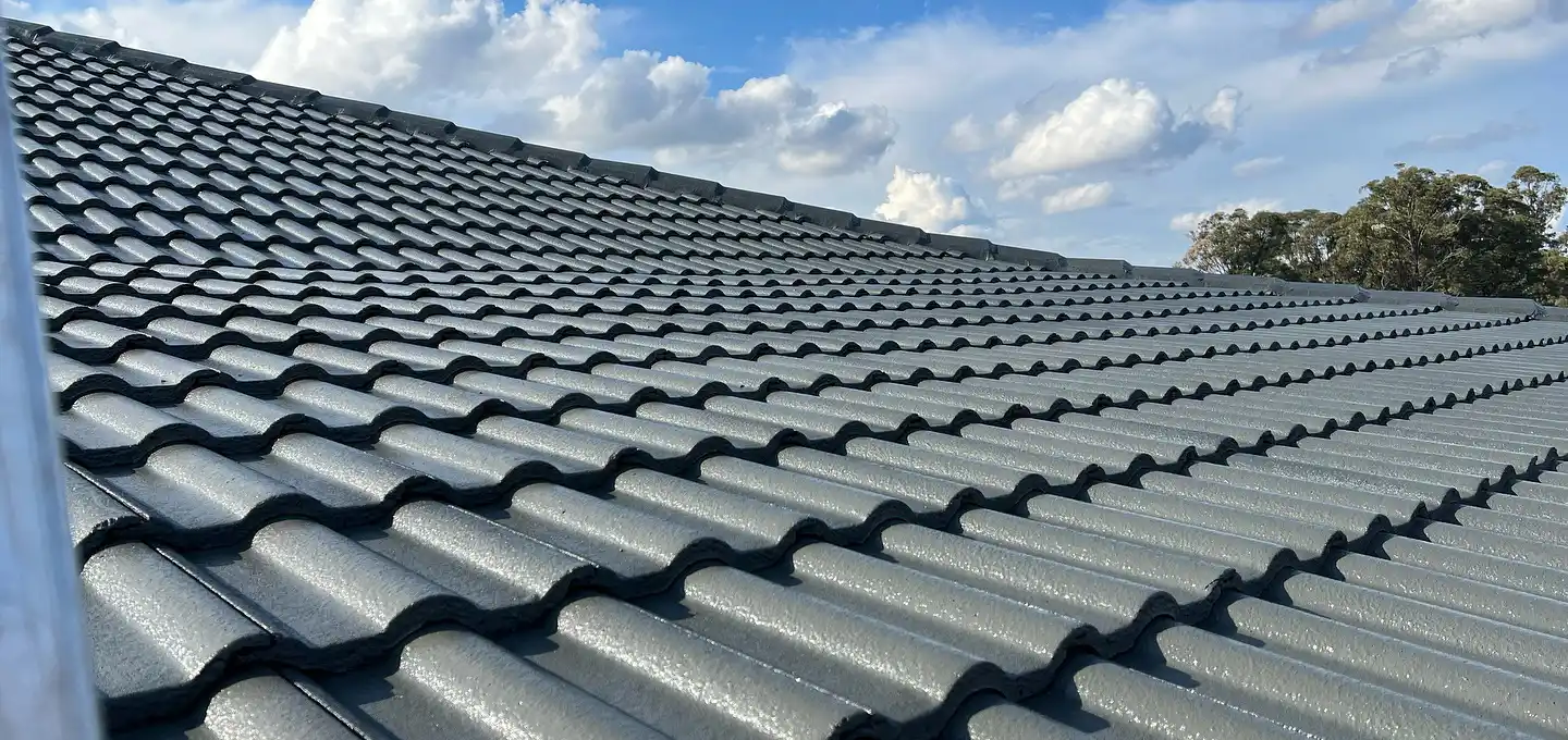 Professional roof painter applying a fresh coat of paint to a residential roof
