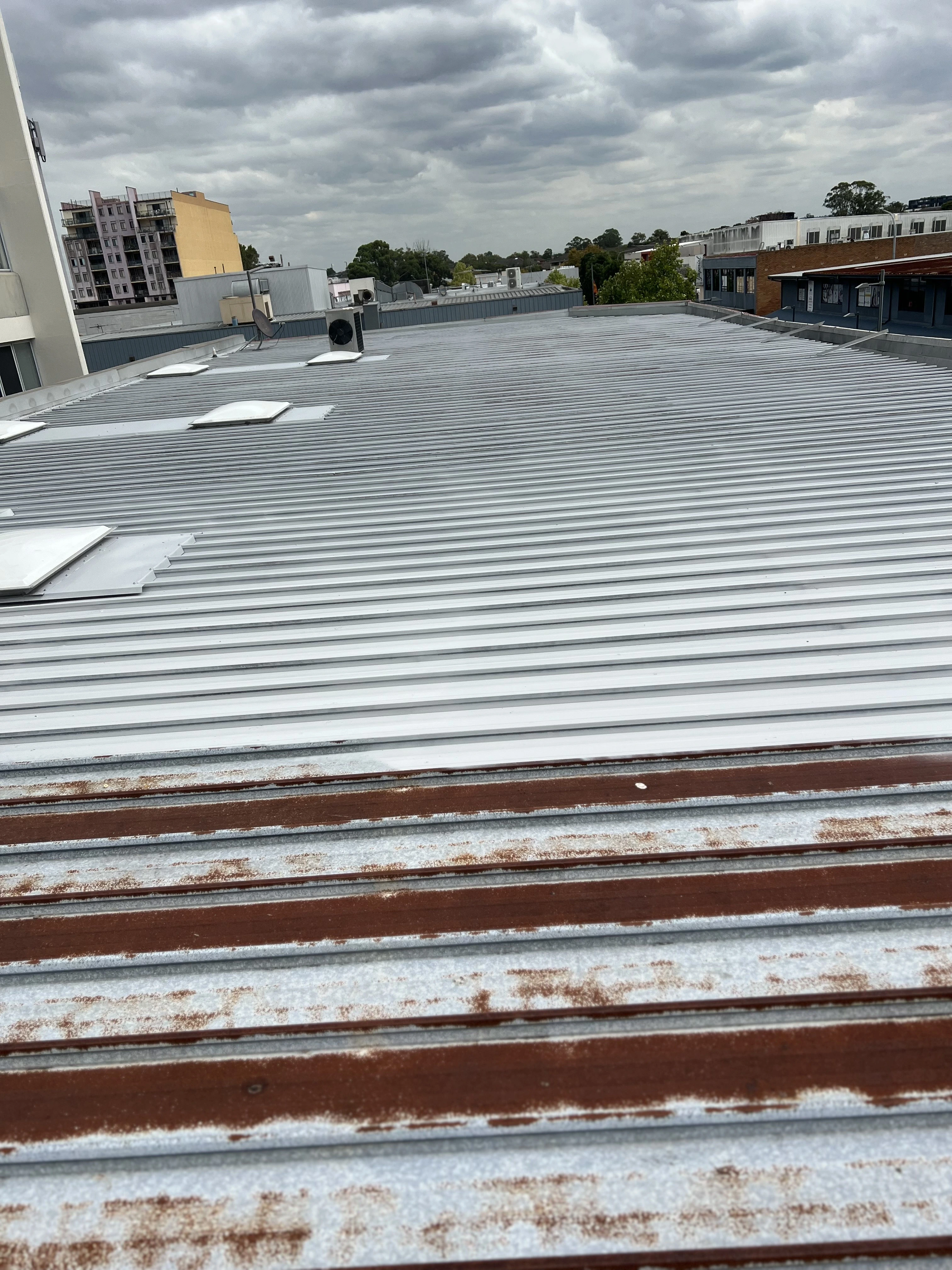 Aerial view of a residential roof being painted with high-quality coatings