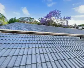 Professional roof painter applying a fresh coat of paint to a residential roof